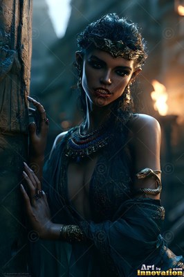 Leaning against a stone pillar, a fanged woman in golden jewelry looks out at night