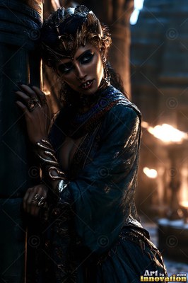 A vampire woman in dark robes leaning by a stone wall in torchlight