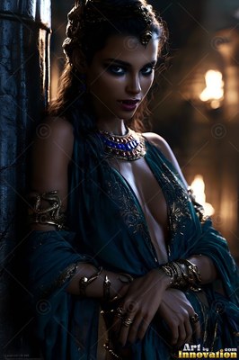 A woman wearing a dark teal dress with gold snake armbands leans on a stone pillar near torches