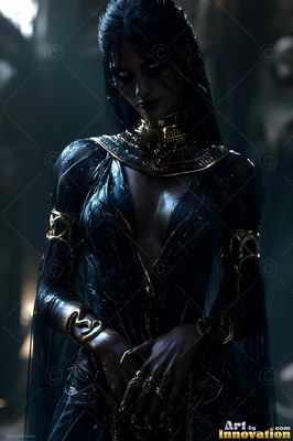A woman rests her clasped hands in front of her as gold jewelry catches dim light