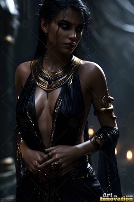 Standing in a dark hall, a woman clad in golden jewelry and a low black dress