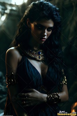 A pale dark-haired vampire woman in a black dress wears a gold collar in dim light