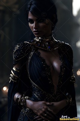 In a dark hall, a woman stands in a black low-cut dress with heavy golden jewelry