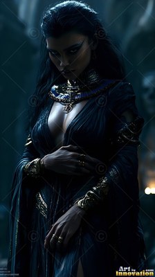 Gazing down in dim blue light, a woman wears gold ornaments and a dark draped dress