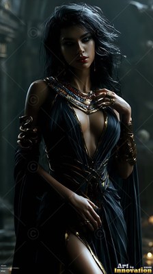 A woman with black hair in a low-cut black dress and golden collar