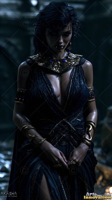 Wearing a heavy gold collar, a woman in a dark pleated gown stands in a stone hall