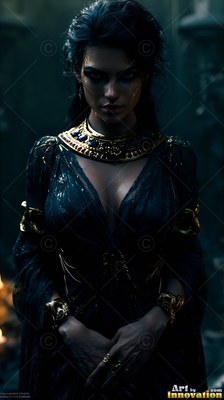 A dark-haired woman stands with clasped hands in low shadowy blue light