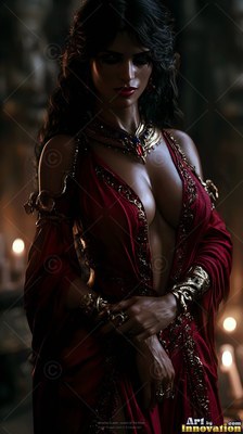 Standing in a dim chamber, a woman wears a deep red dress with gold collar necklace jewelry