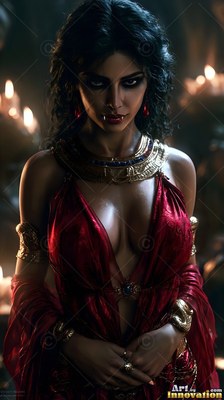 A vampire woman in a red silk dress wears heavy gold ornaments by candlelight