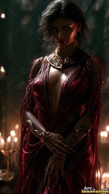 Standing in dark candlelight, a vampire woman poses in a deep red gown and gold collar