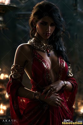 Woman with fangs in a red dress wearing golden jewelry
