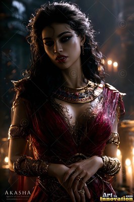 A wide gold collar necklace rests on a dark-haired woman in a red gown by soft candlelight