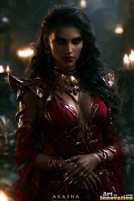 A dark-haired woman folds her hands in a red dress with dim candlelight behind her