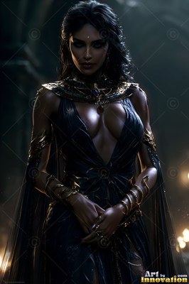 A dark-haired woman in a low-cut black gown wears heavy gold Egyptian jewelry