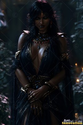 In a dark room with distant lights, a black-haired woman clad in a black dress with golden jewelry