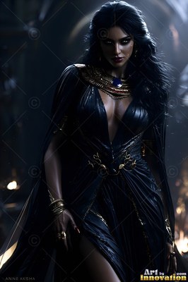 Standing in dim light, a woman with black hair wears a black dress with gold ornaments