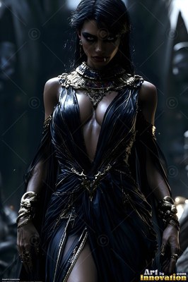 A woman with black hair in a low-cut black gown with gold ornaments