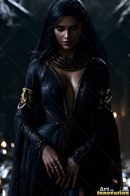 Gold necklace worn by a dark-haired woman in a low-cut black gown in dim candlelight