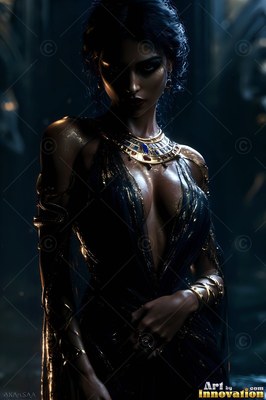 A woman stands in dark shadow wearing a broad gold necklace that catches cool blue light