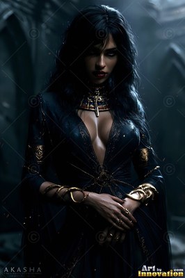 Facing forward in a dark stone hall, a woman stands in a black gown and gold jewelry