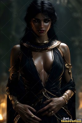 A woman with black hair in a black low-cut dress wears golden jewelry in dim light