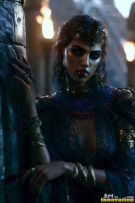 By a stone pillar, a vampire woman with fangs leans in dark blue robes
