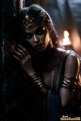 Leaning against a stone wall in torchlight, a woman clad in gold snake armbands