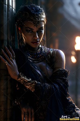 A woman in gold ornaments stands in the dark near firelight