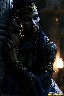 A golden crown rests on the forehead of a woman in blue standing in a dark stone hall