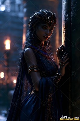 A woman in a dark blue gown peers from behind a pillar in warm torchlight