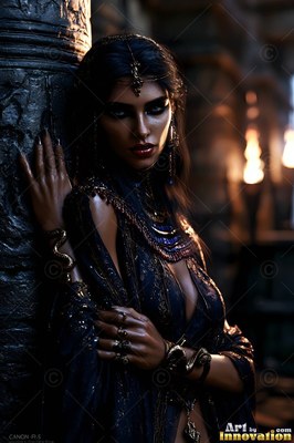 Leaning against a stone pillar in a dark hall, a woman wears blue robes
