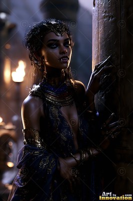 A dark-haired vampire woman in a blue gown leans on a wooden post by torchlight