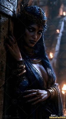In a dark stone hall, a fanged woman in a blue gown leans against a wall