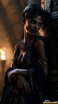 Leaning against a stone pillar, a woman with pale eyes wears a dark beaded dress and golden jewelry