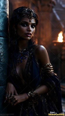 A dark-haired woman in a blue gown leans near a fire torch