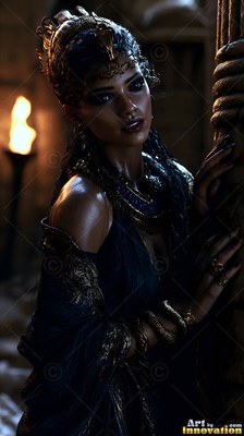 Wearing a gold snake crown, a woman with dark hair stands by a stone pillar near torchlight