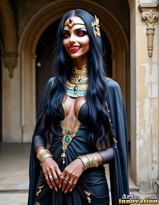 A vampire woman smiles with sharp fangs in an archway, her black gown set against bright golden jewelry