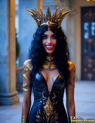 Facing forward, a smiling woman in a spiked gold crown stands in a courtyard