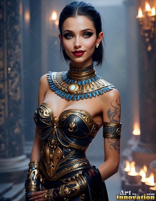 A dark-haired woman stands by candlelight in a black and gold Egyptian collar