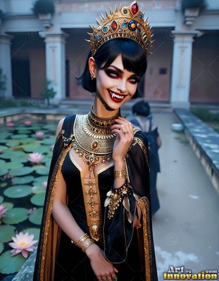 In a stone courtyard with a lily pond, a vampire woman with a smile wears a gold crown