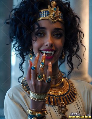Smiling with sharp fangs, a dark-haired woman is wearing blue and gold Egyptian jewelry