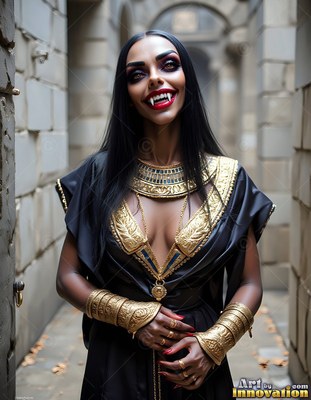 Vampire woman smiling with fangs in a black dress and gold ornaments