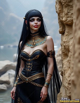 A golden collar rests on a pale woman with fangs standing beside a tan rock wall