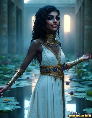 Standing with arms outstretched in a temple pool, a vampire woman with a smile wears gold