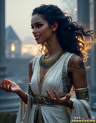 A vampire woman smiling wears a white and gold gown outside at sunset