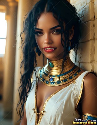 By a stone wall, a smiling vampire woman is wearing a wide gold collar