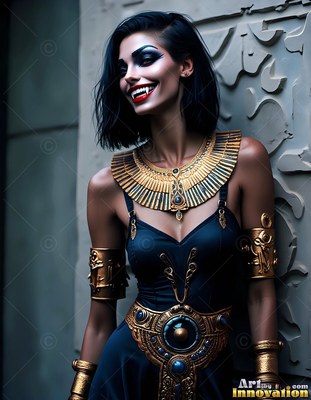 Smiling with fangs, a pale woman is wearing heavy golden collar jewelry and a black dress