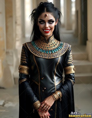 Fanged woman smiling in a black dress with a gold collar
