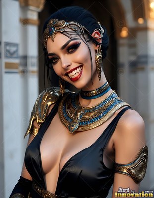 Wearing a wide golden collar, a smiling fanged woman with sharp fangs stands by arched pillars