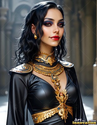 A woman with small fangs smiles in a black gown, her gold collar lit by soft gray light